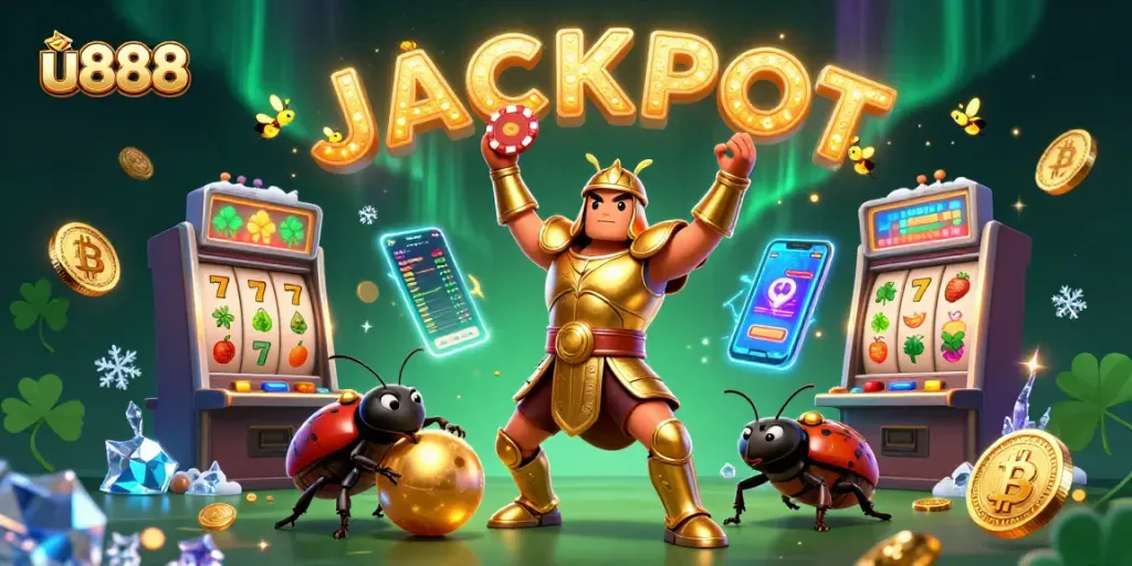 Win big with u888: a vibrant 3D scene showcasing casino fun and excitement with jackpot elements.