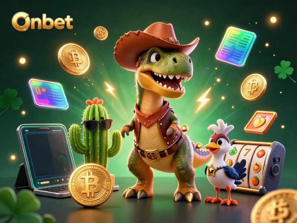 Win big at Onbet with a vibrant 3D casino scene featuring a cowboy dinosaur and gaming elements.