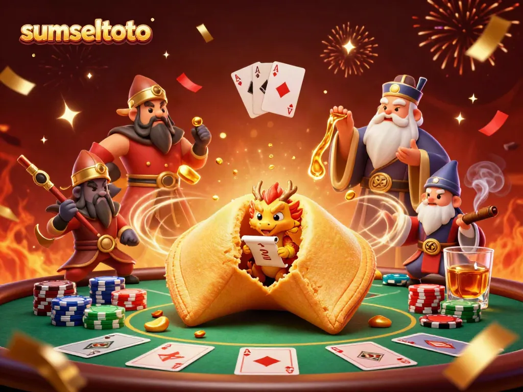 Experience premium gameplay with sumseltoto's vibrant casino-themed illustration of a fortune cookie and poker elements.