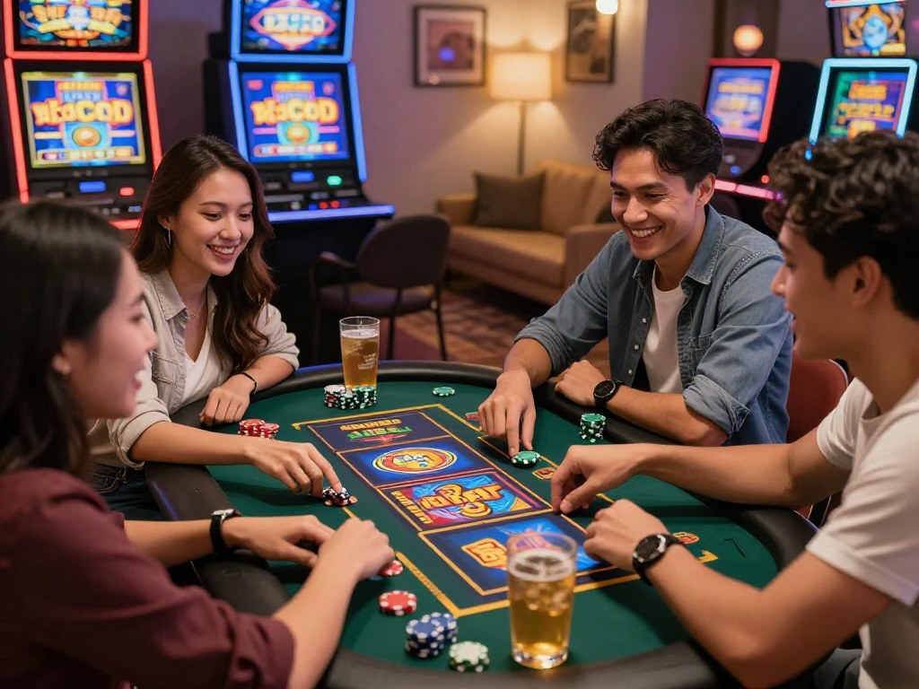 Kelompok teman bersenang-senang bermain slot gacor di ruang tamu yang cozy.