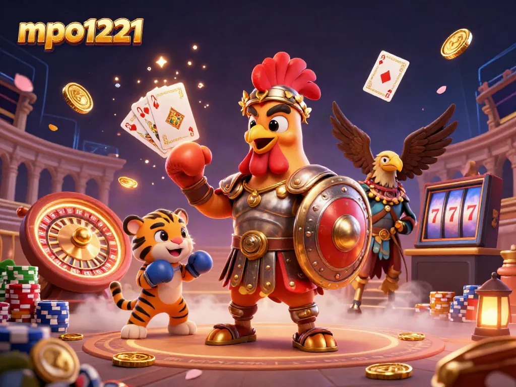 Engage with mpo1221 in a colorful scene featuring a gladiator rooster, coins, and casino elements.
