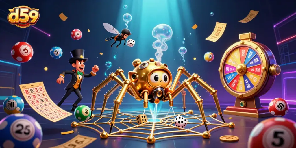 Play d59 and catch golden rewards in a vibrant casino-themed illustration full of lottery excitement.