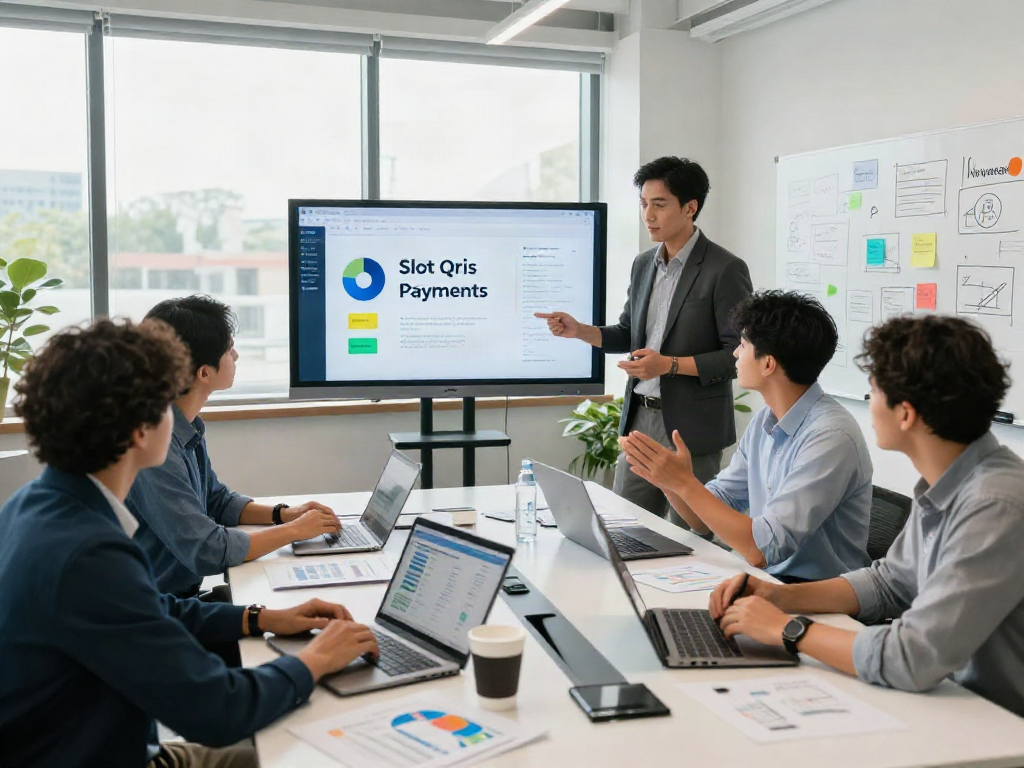 Collaborative business meeting on slot qris payment solutions in a modern office.
