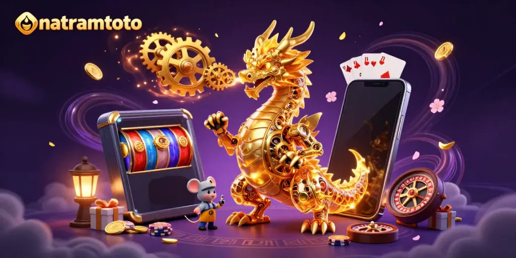 Experience the thrill of gaming with MATARAMTOTO, featuring a biomechanical dragon and golden casino elements.