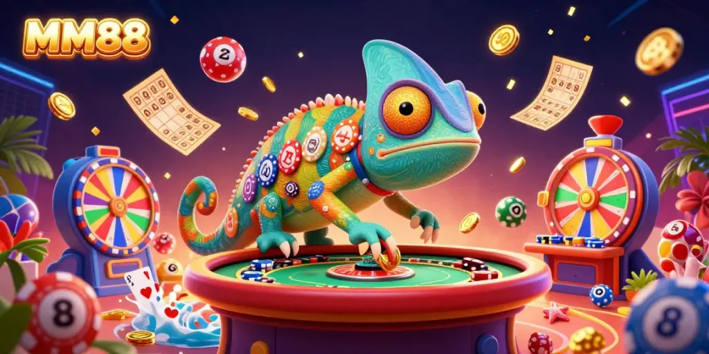 Experience the thrills of MM88 with a vibrant illustration of a playful chameleon casino owner surrounded by colorful games.