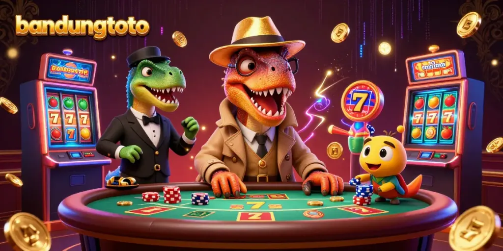 Experience thrilling gameplay at bandungtoto with a velociraptor card counter and vibrant casino elements.