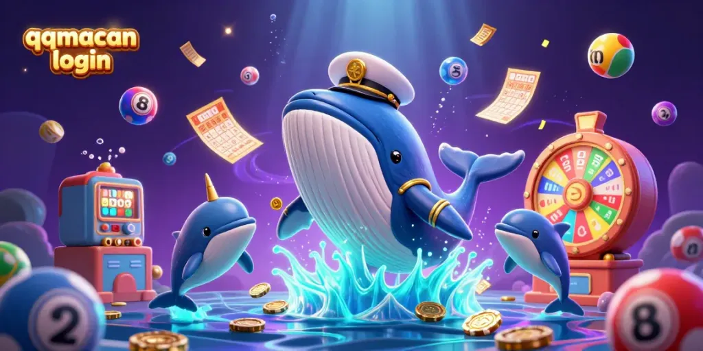 Engage with casino fun at qqmacan login, where a cartoon whale competes for excitement in a vibrant digital illustration.
