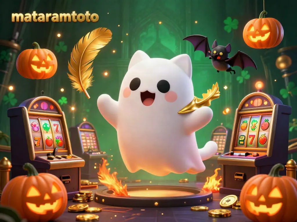 Experience thrilling gameplay at mataramtoto with the ghostly cat and its bat companion in a vibrant casino scene.