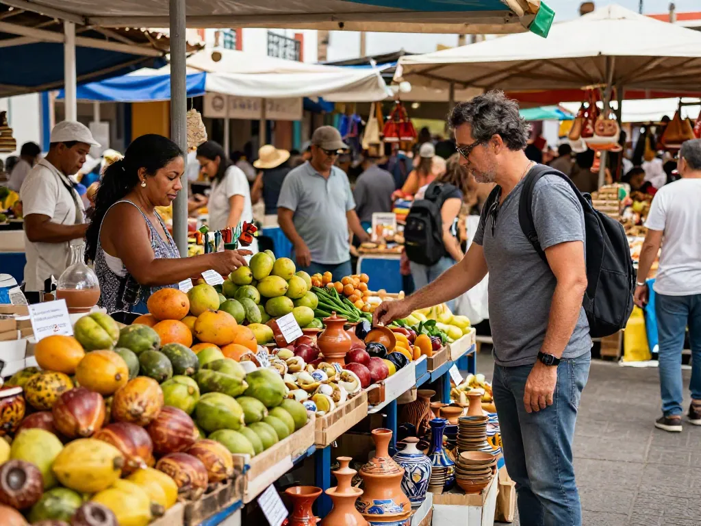 Tenerife travel shop market scene with local vendors, fresh produce, and traditional crafts in a vibrant open-air setting.