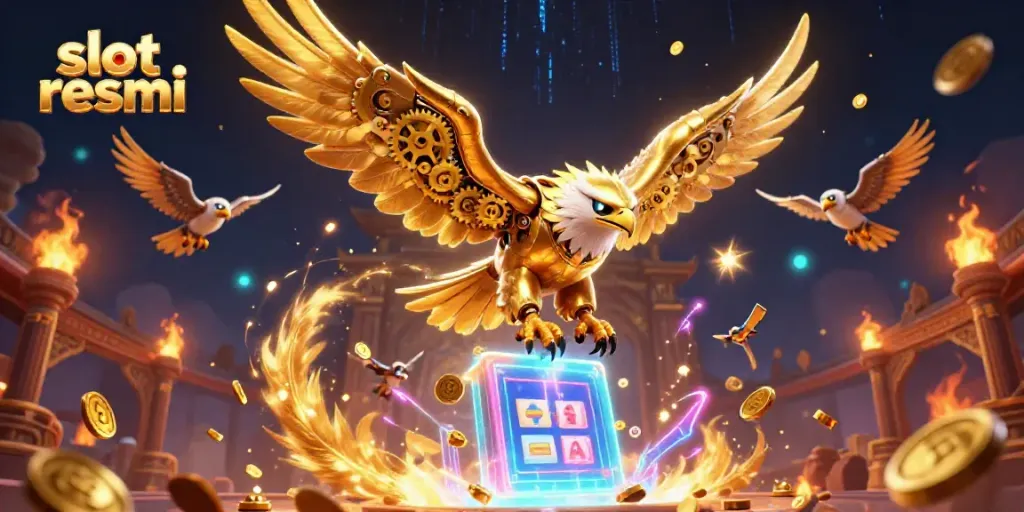 Engage in thrilling slot resmi action with a cybernetic eagle amidst gold coins and holographic reels.