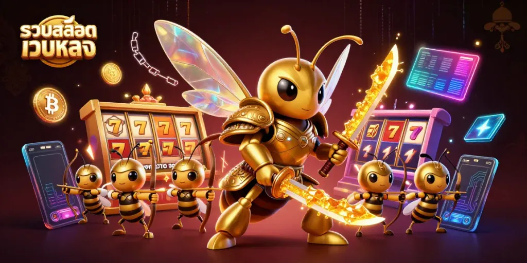 Engage with รวมสล็อตเว็บตรง as a giant golden hornet in samurai armor leads bee archers through a vibrant gambling scene.