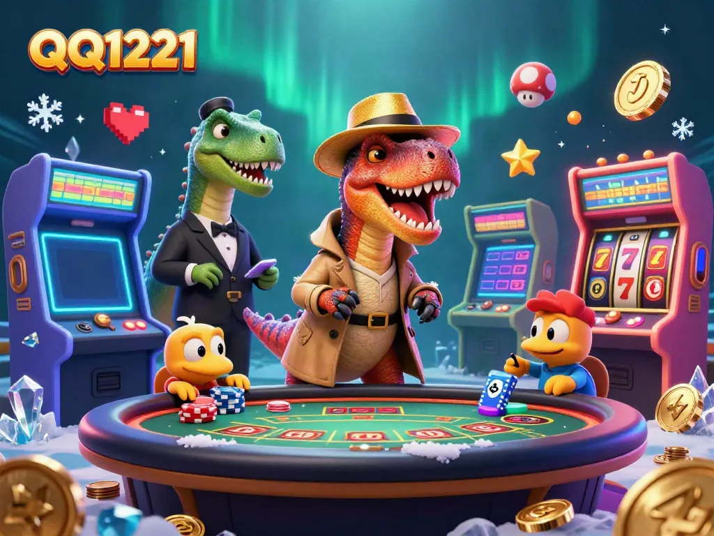 Engage with QQ1221's vibrant casino scene featuring imaginative characters in a blackjack setup.