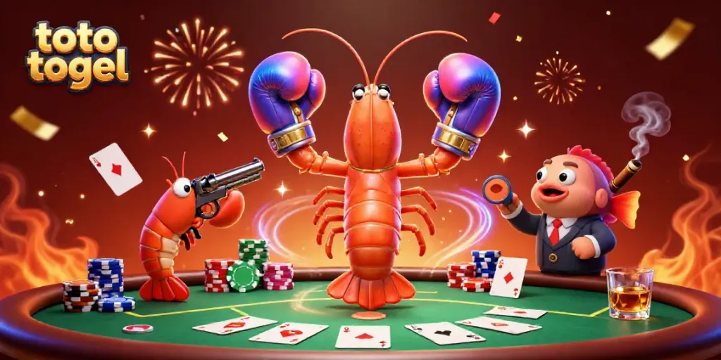 Engage in toto togel excitement with vibrant 3D illustrations of a mantis shrimp and poker elements.