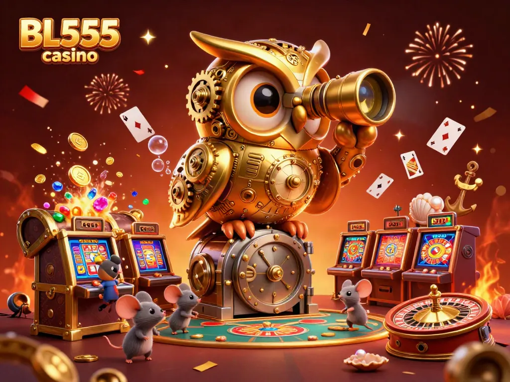 Experience the excitement of winning at BL555 casino with a vibrant 3D scene filled with action and rich detail.