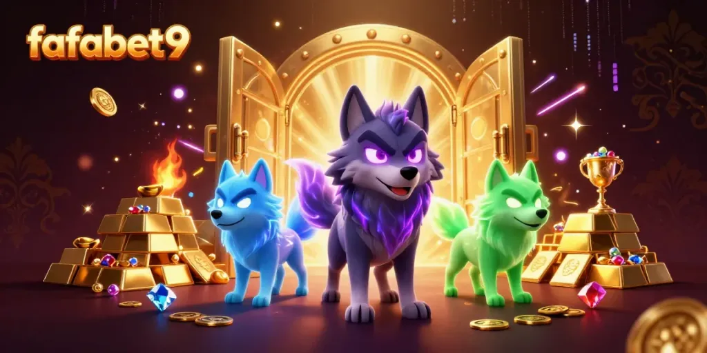 Experience thrilling spins and jackpots at fafabet9, where playful wolves guard treasure amidst vibrant casino elements.