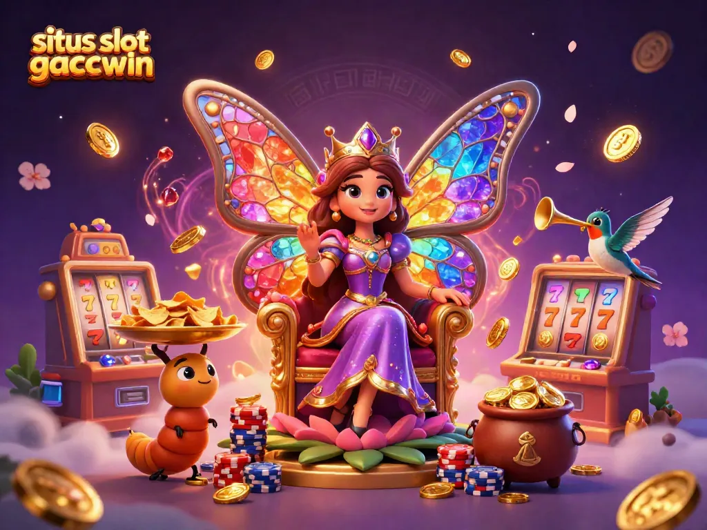 Situs slot gacor maxwin showcases a vibrant casino scene with a butterfly queen, golden chips, and sparkling winnings.