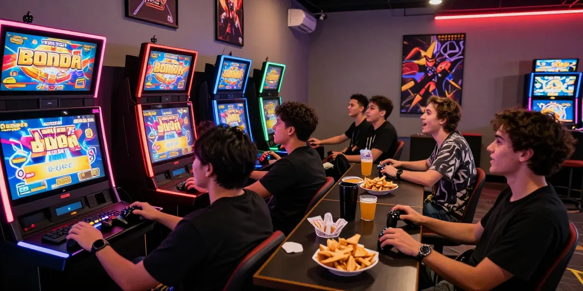 Exciting bandar slot gaming scene with friends in a neon-lit lounge.