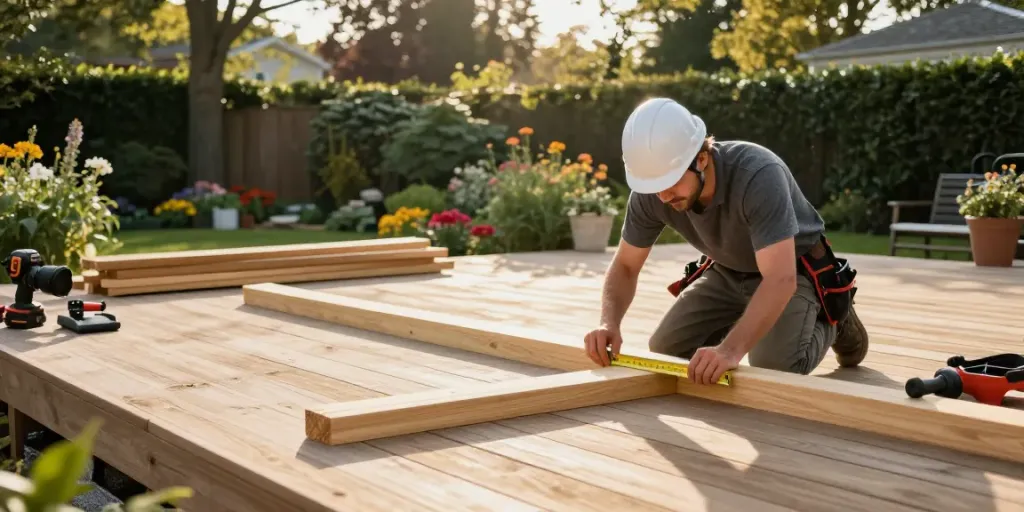 Deck Builders Eastwood measuring timber during a sunny outdoor construction project