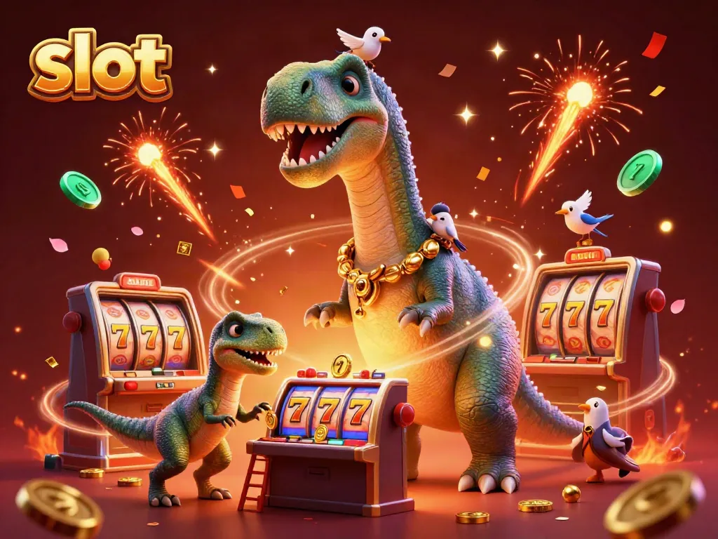 Menggandakan kesenangan dalam simbol slot dengan dinosaurus yang mengawasi dari atas dan ratusan koin melayang.