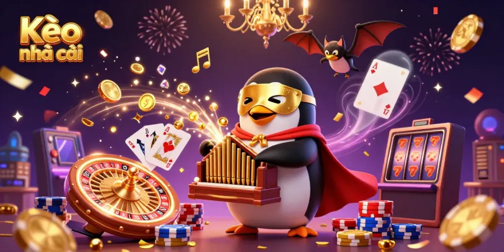 Cascading golden coins and vibrant gems surround characters in a dynamic Kèo nhà cái-themed betting scene.