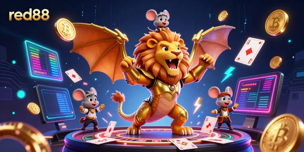 Experience the thrill of red88 as the chimera creature triumphs in an electrifying casino scene.