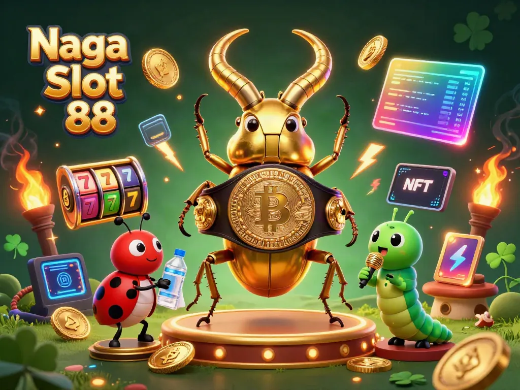 Naga Slot 88 features a dynamic illustration of a golden beetle boxing champion with a ladybug corner-man and a caterpillar announcer, enhanced with casino elements.