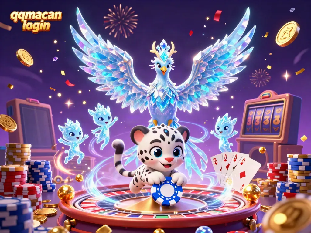 Engage in exciting gameplay with qqmacan login, featuring a magical scene of an ice phoenix and slot machines.