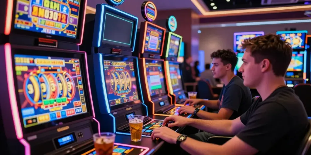 Excited players engaging with Slot MAHJONGJP88 in a lively online casino atmosphere.