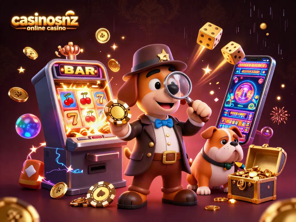 Experience vibrant action at casinosnz online casino with a detective uncovering poker chip treasures.