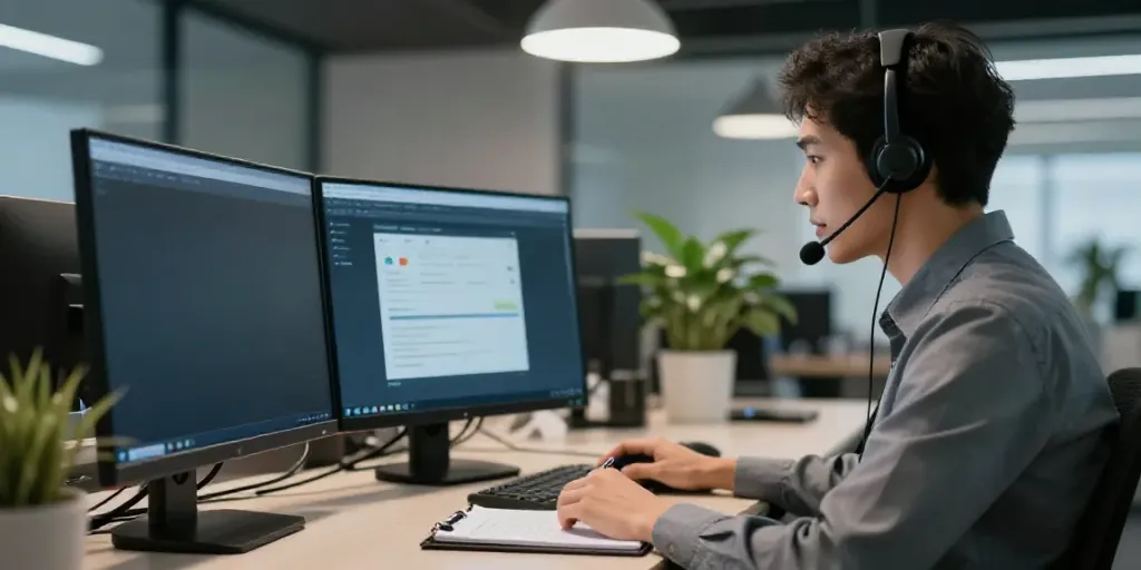 Hotmail technical support professional assisting users in a modern office setting.
