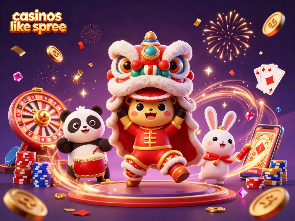 Experience the excitement of casinos like spree with a festive 3D illustration featuring characters, slots, and golden prizes.