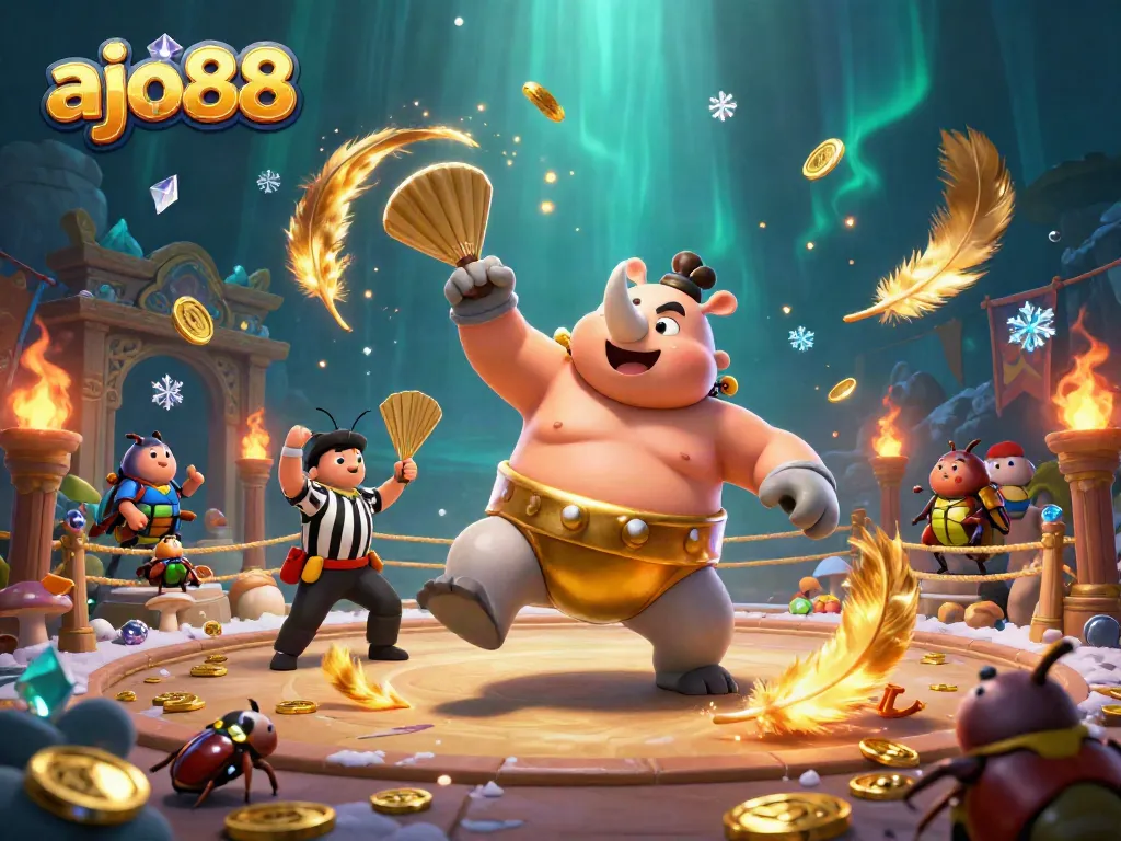 Memenangkan jackpot dengan ajo88; Juara Sumo Beetle yang mengguncang, pemandangan kasino yang dinamis.