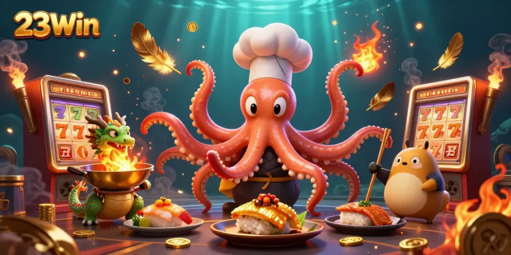Engage in thrilling gameplay at 23Win with a dynamic scene showcasing golden dishes, fire effects, and casino icons.