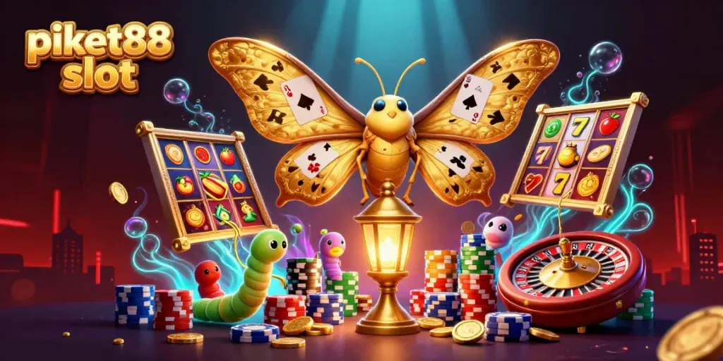 Feel the excitement of the piket88 slot action with a vibrant illustration showing a golden moth, slot reels, and casino ambiance.