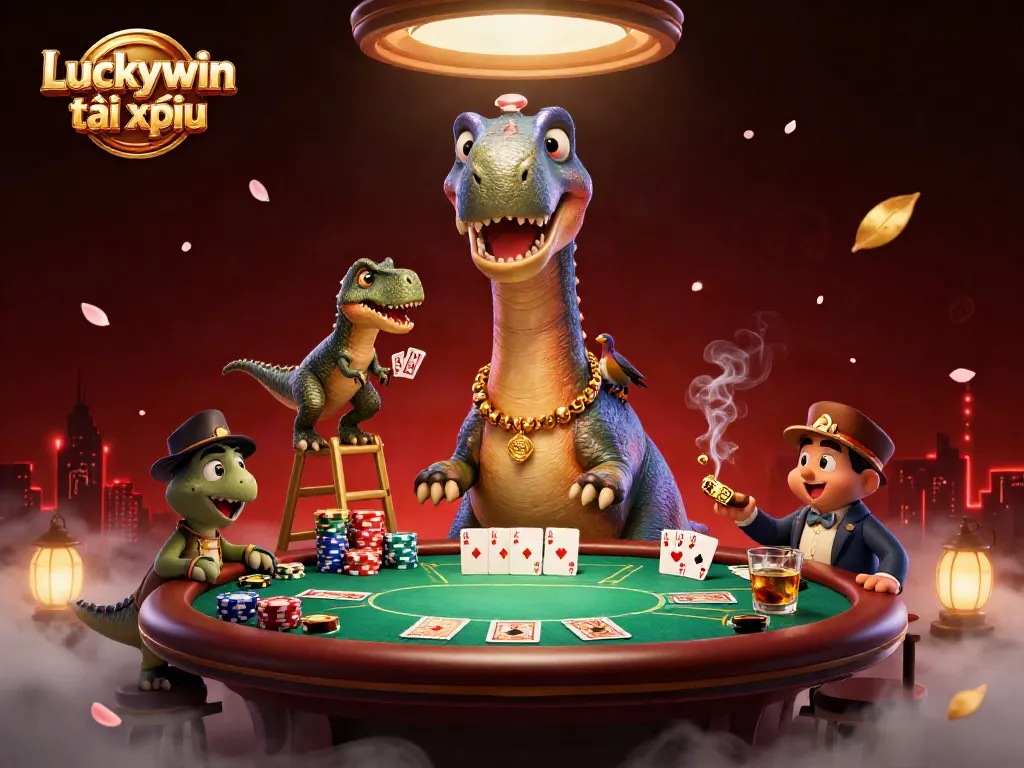 Experience Luckywin tài xỉu with a stunning 3D casino illustration of a giant brontosaurus and raptor dealer.