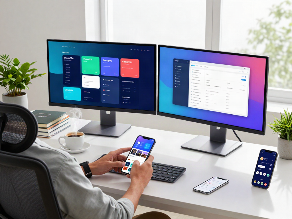 A developer working on cocoflix apk in a modern tech workspace, surrounded by vibrant app mockups and a productive atmosphere.