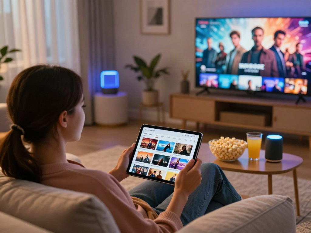 Explore the Moviebox app on a cozy sofa with popcorn and a tablet in this inviting home entertainment scene.