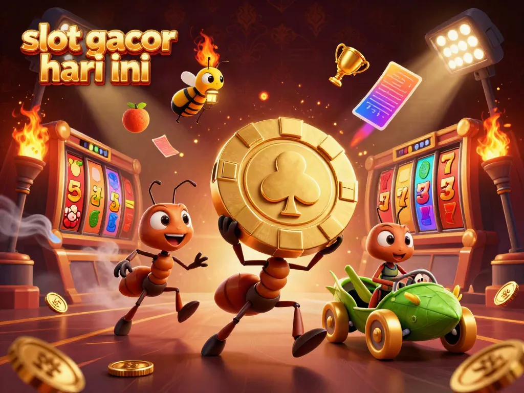 Experience the excitement of slot gacor hari ini with playful cartoon ants in a vibrant casino heist scene.