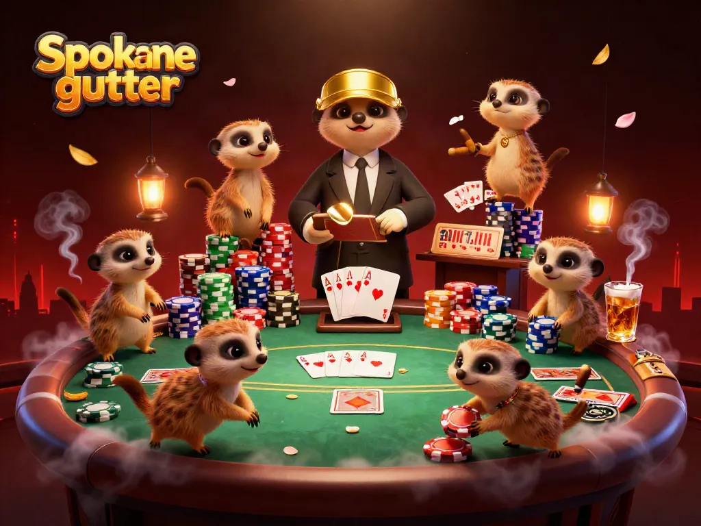 Meerkats running a Spokane gutter-themed casino with poker elements and vibrant atmosphere.