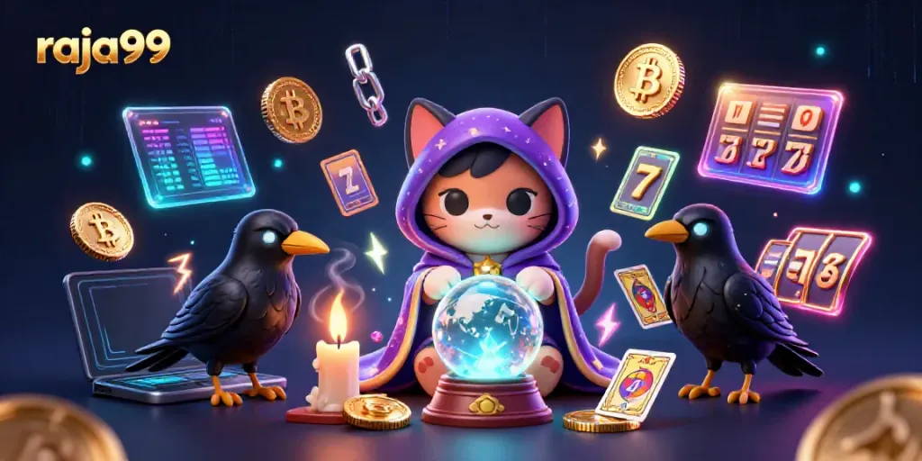 Engage with raja99 through a vibrant, 3D cartoon casino scene filled with mystical elements and rich game visuals.