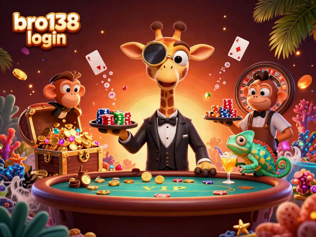 Engage in bro138 login as our high-roller giraffe enjoys a VIP poker table surrounded by vibrant casino elements.