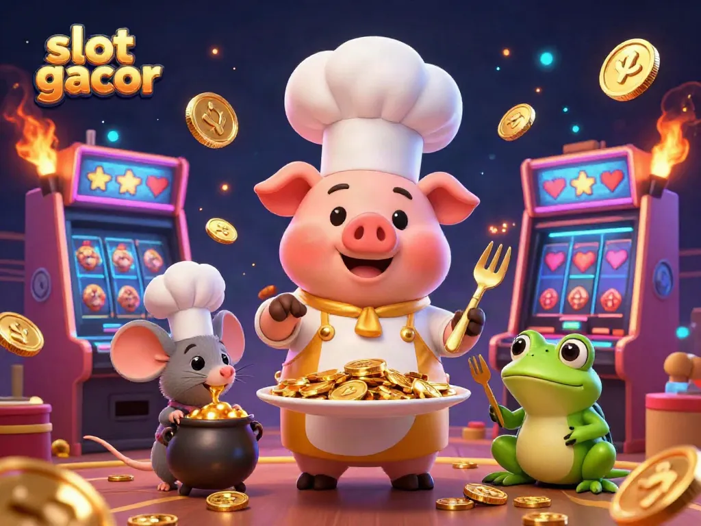 Engage in the colorful world of slot gacor with a lavish scene of cartoon characters celebrating gold coins and gaming excitement.