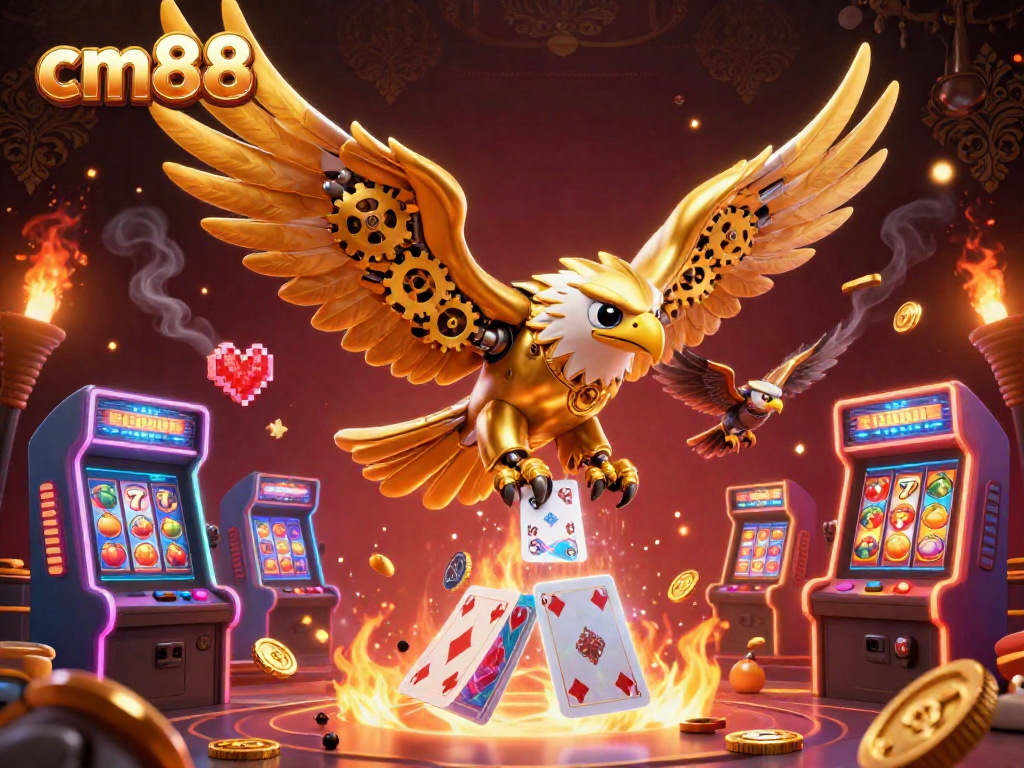 Engage with cm88's vibrant 3D casino environment featuring an eagle and gaming elements.