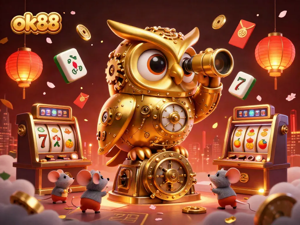 Experience thrilling gameplay with ok88 as a golden owl surveys a vibrant casino filled with slot machines.