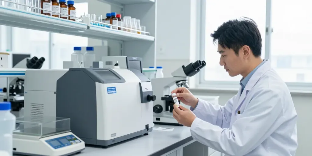 AOD-9604 for sale showcased in a professional lab setting with detailed equipment.