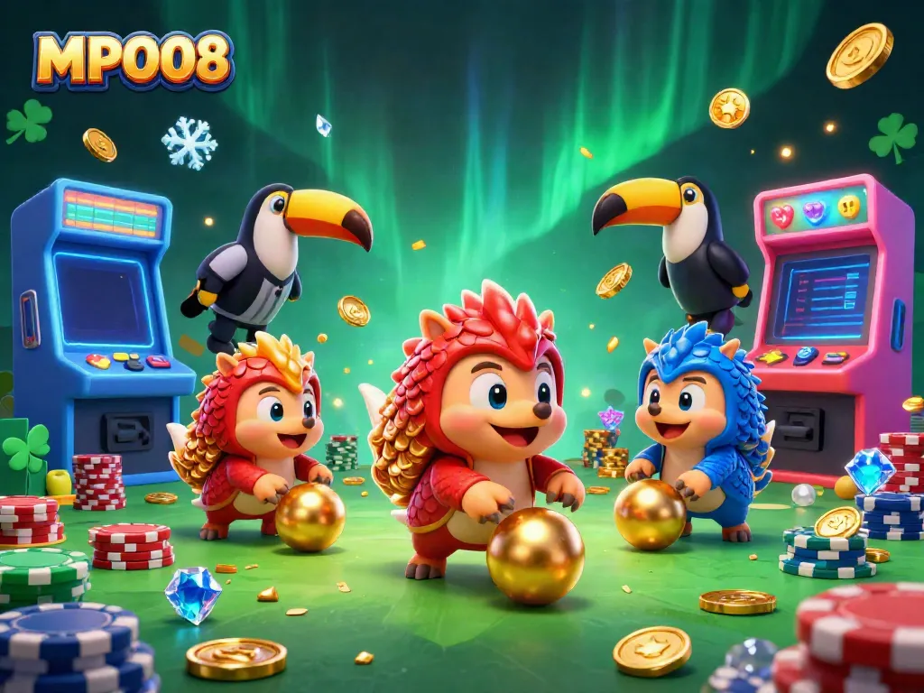 MPO08 features rival pangolins competing in a vibrant gambling game scene filled with casino elements.