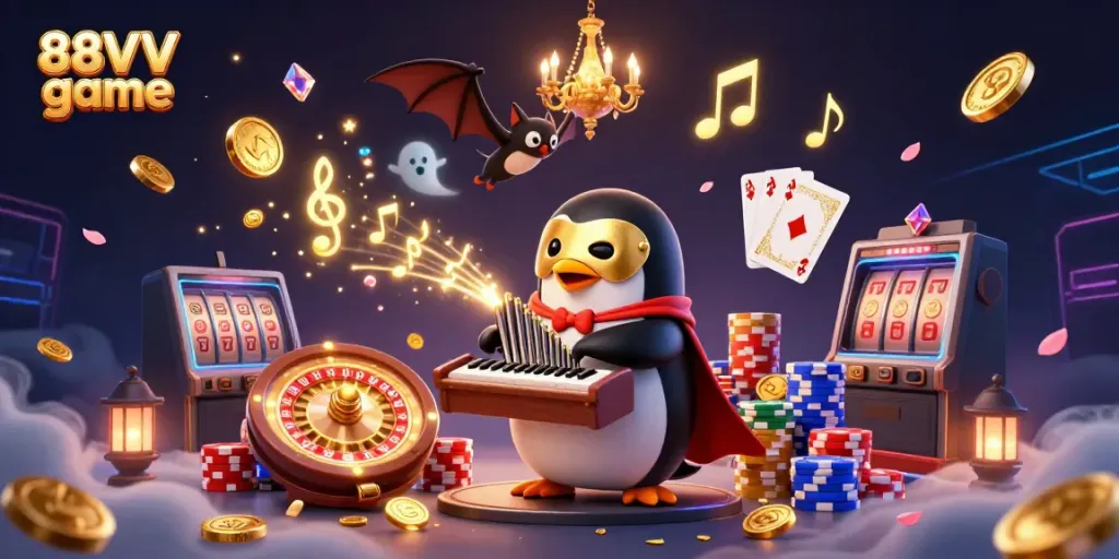 Experience thrilling 88VV game action with a lively 3D casino scene featuring enchanting characters and shimmering gold.