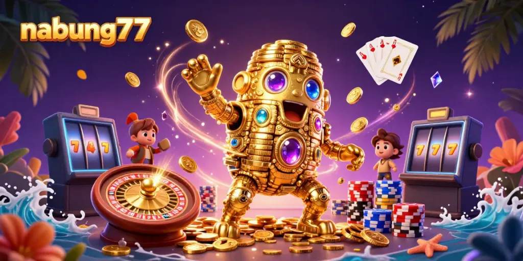 Experience the excitement of nabung77 with a golden golem surrounded by casino elements and dynamic visuals.