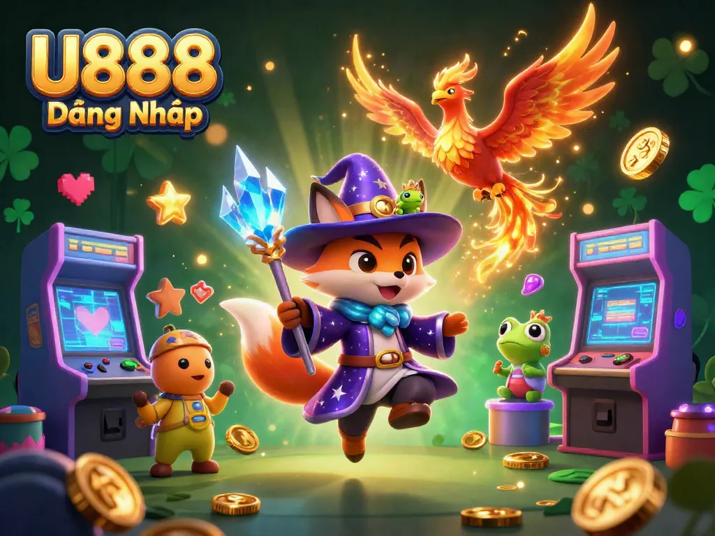 Join the action with U888 Đăng Nhập in a vibrant, magical casino themed scene bursting with excitement.
