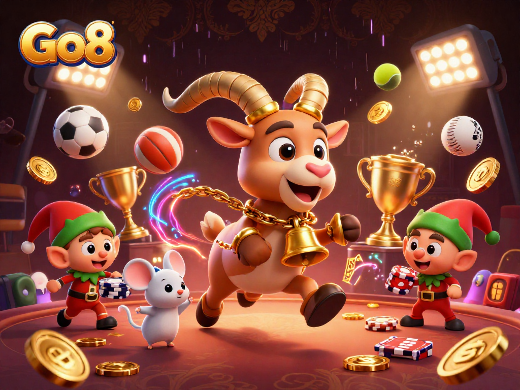 Go8's festive holiday-horror casino features mischievous elf gremlins stealing poker chips amidst vibrant game elements.